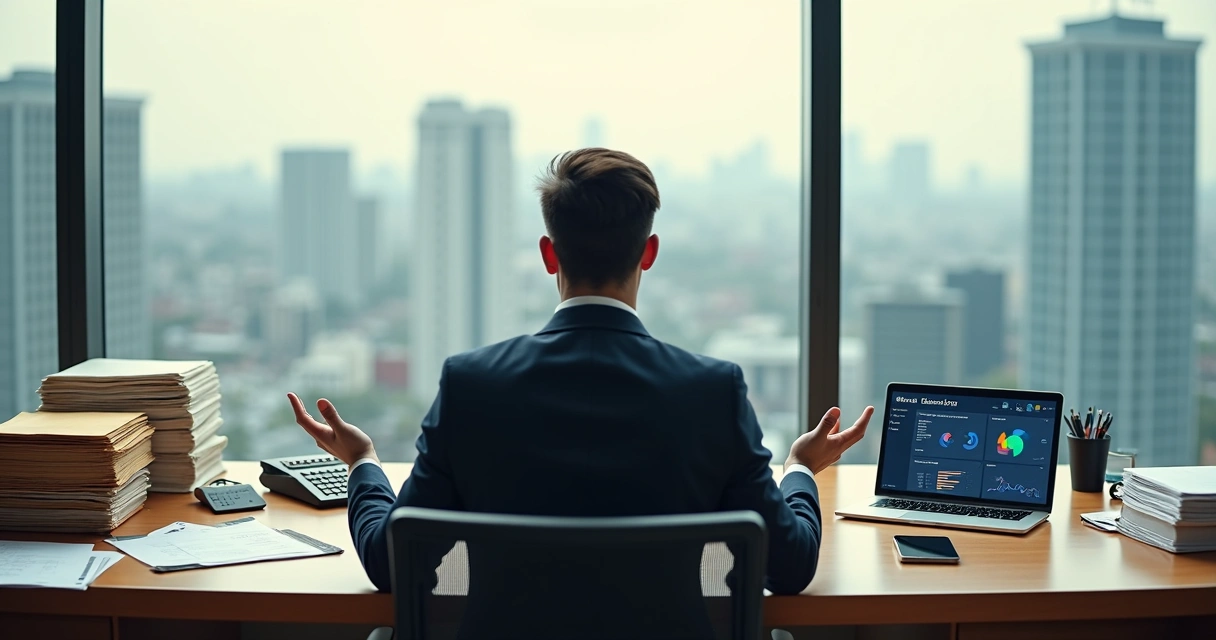 Comparação visual entre contabilidade tradicional em papel e contabilidade online em notebook moderno