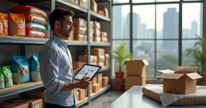 Empreendedor organizando estoque de loja virtual pet com vista de São Paulo ao fundo