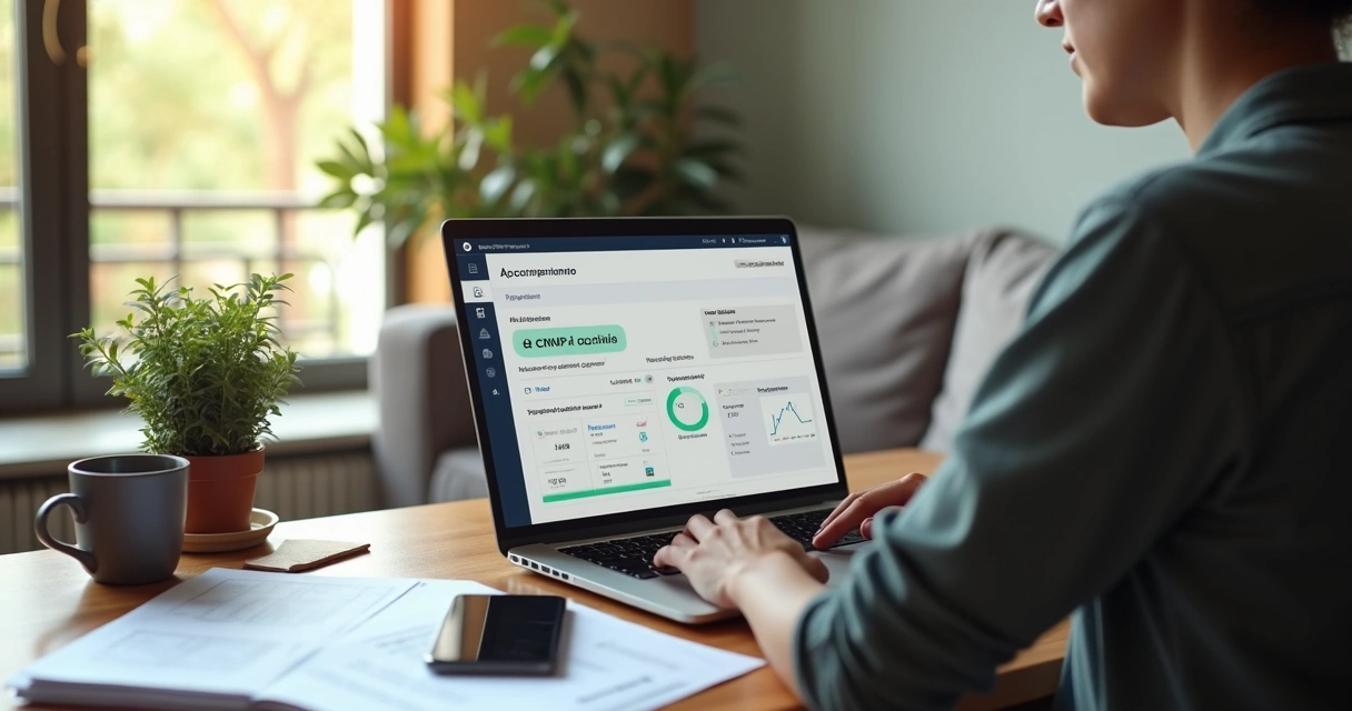 Empreendedor trabalhando em home office com endereço virtual destacado na tela do notebook