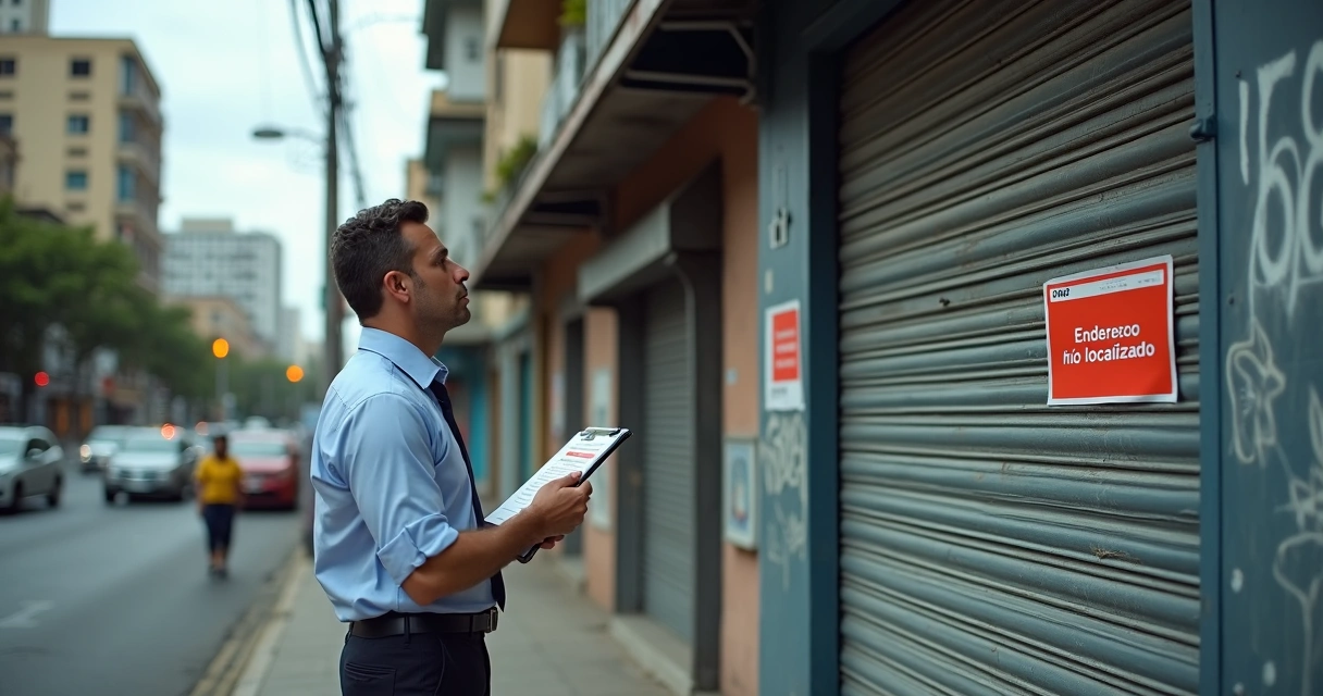 Fiscal observando fachada de empresa fechada em endereço comercial