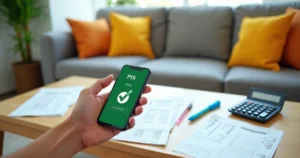 Pessoa segurando smartphone com tela de aplicativo de PIX ao lado de calculadora e contas sobre mesa