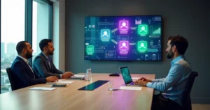 Sócios em reunião observando fluxo de pagamentos por PIX em tela gigante