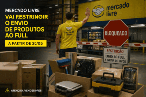 Empresário preocupado em frente a prateleiras vazias com tela do Mercado Livre ao fundo