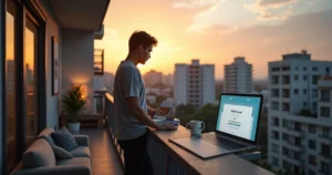 Empreendedor em sacada de apartamento comparando endereço residencial e sede fiscal digital