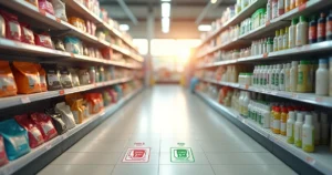 Prateleira de pet shop dividindo produtos comuns e monofásicos com ícones de impostos