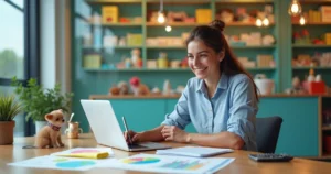 Empreendedora de pet shop analisando planejamento tributário em ambiente moderno