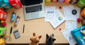 Balcão de pet shop visto de cima com produtos, animaizinhos e documentos fiscais lado a lado