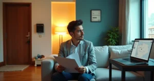 Empreendedor em sala de estar residencial dividida entre vida pessoal e sede virtual no notebook