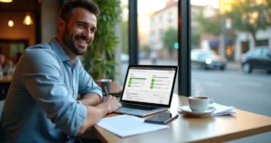 Empreendedor relaxado em café assinando contrato de troca de contabilidade no laptop