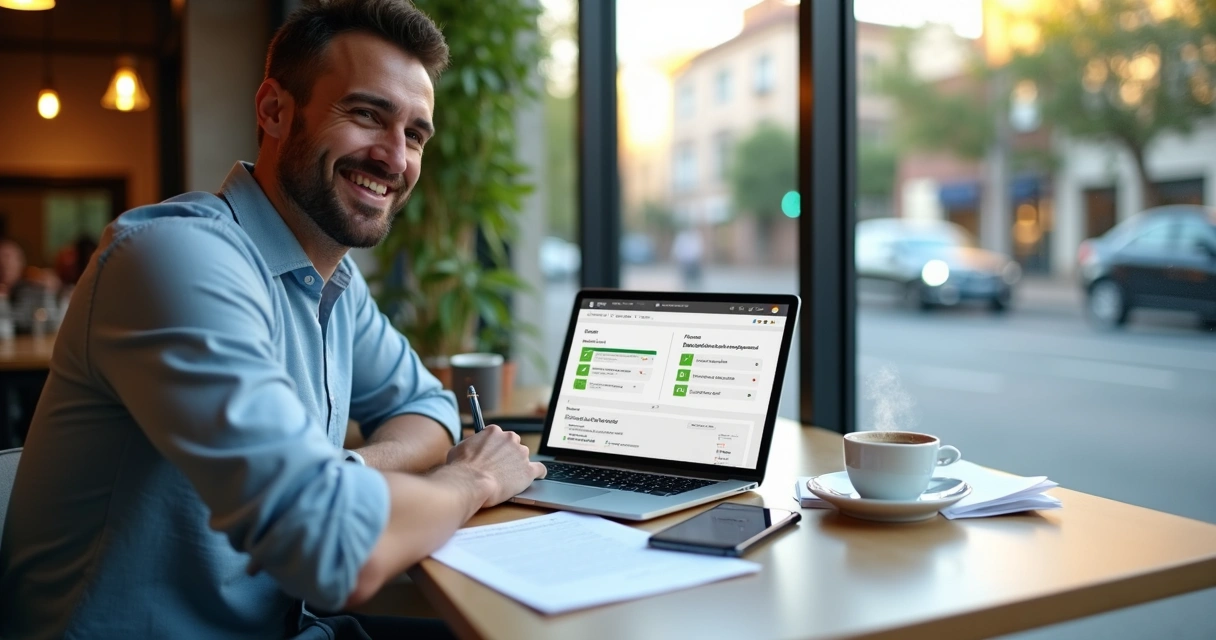 Empreendedor relaxado em café assinando contrato de troca de contabilidade no laptop