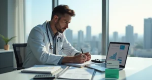 Veterinário analisando documentos de CNPJ em escritório com vista de São Paulo