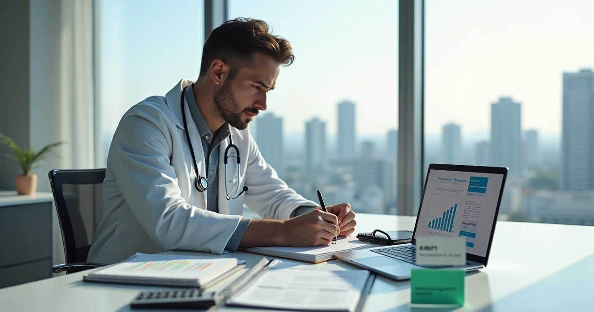 Veterinário analisando documentos de CNPJ em escritório com vista de São Paulo