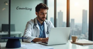 Veterinário recém-formado planejando abertura de empresa em ambiente moderno