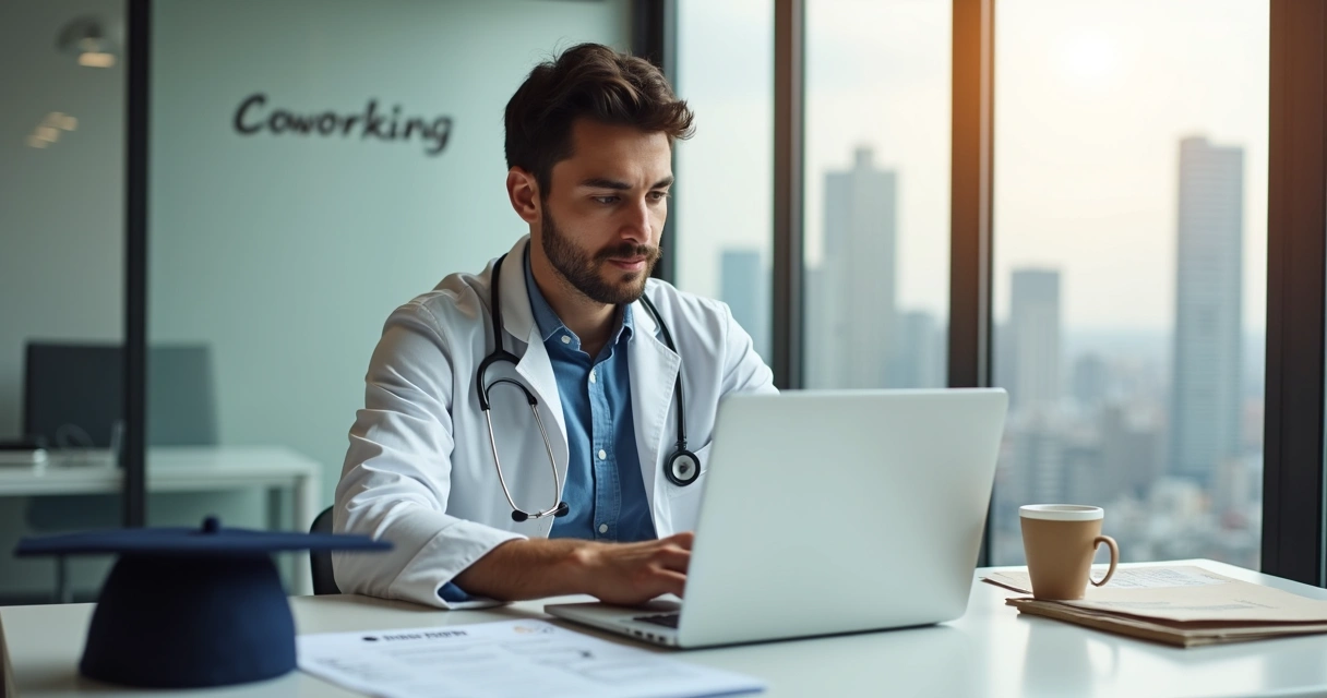 Veterinário recém-formado planejando abertura de empresa em ambiente moderno