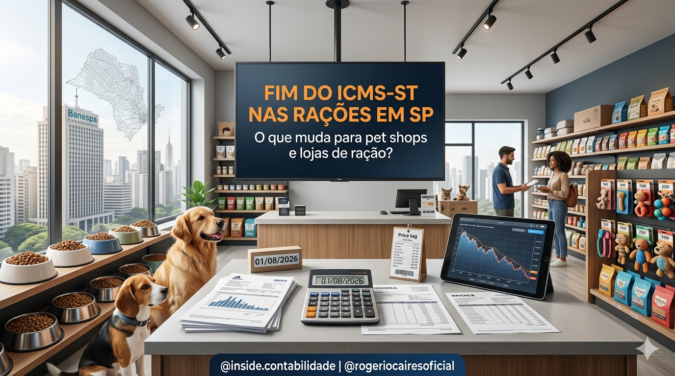 Lojista de pet shop organizando estratégias fiscais em quadro branco ao lado de prateleiras de ração pet