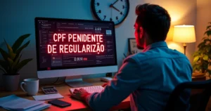 Pessoa vê CPF pendente em tela grande com contagem regressiva do prazo do imposto de renda