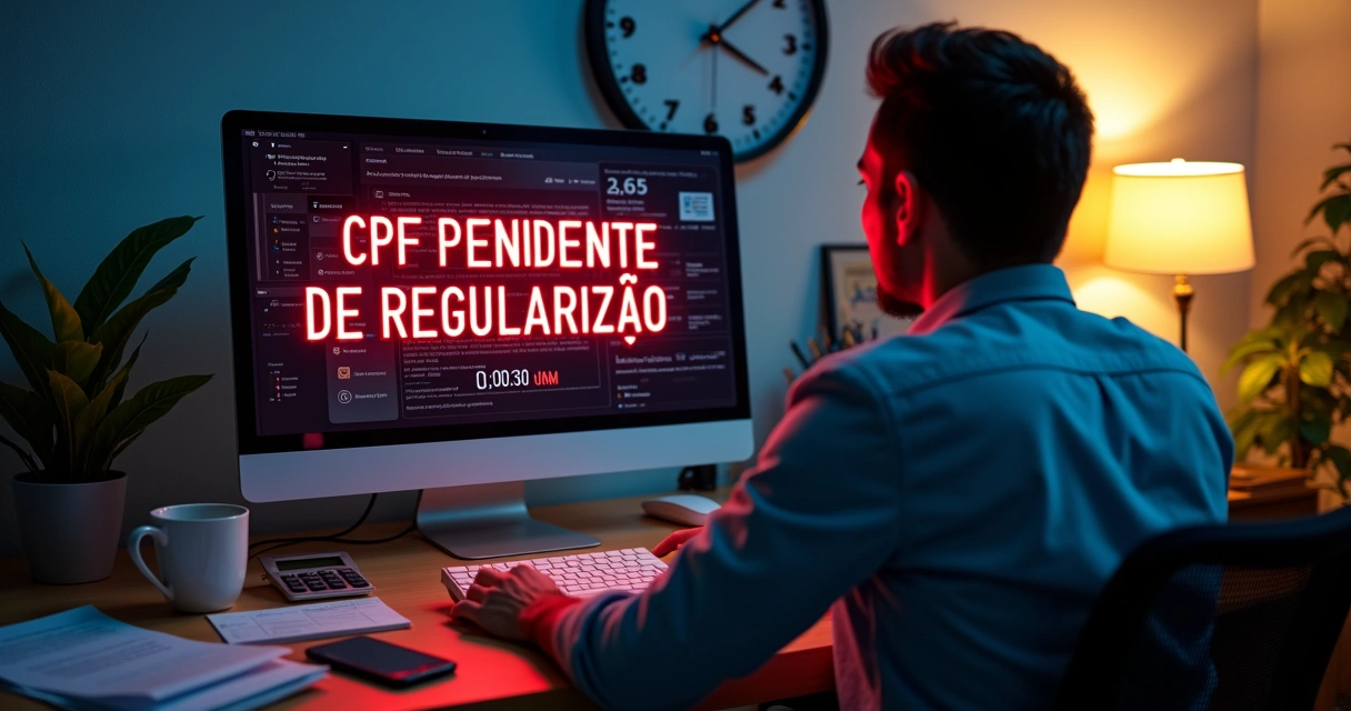 Pessoa vê CPF pendente em tela grande com contagem regressiva do prazo do imposto de renda