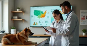 Equipe de clínica veterinária revendo documentos fiscais ao lado de cão em sala de exame