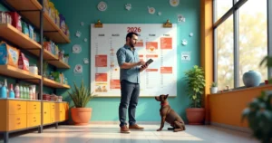 Dono de pet shop analisando calendário gigante com destaque para prazo tributário