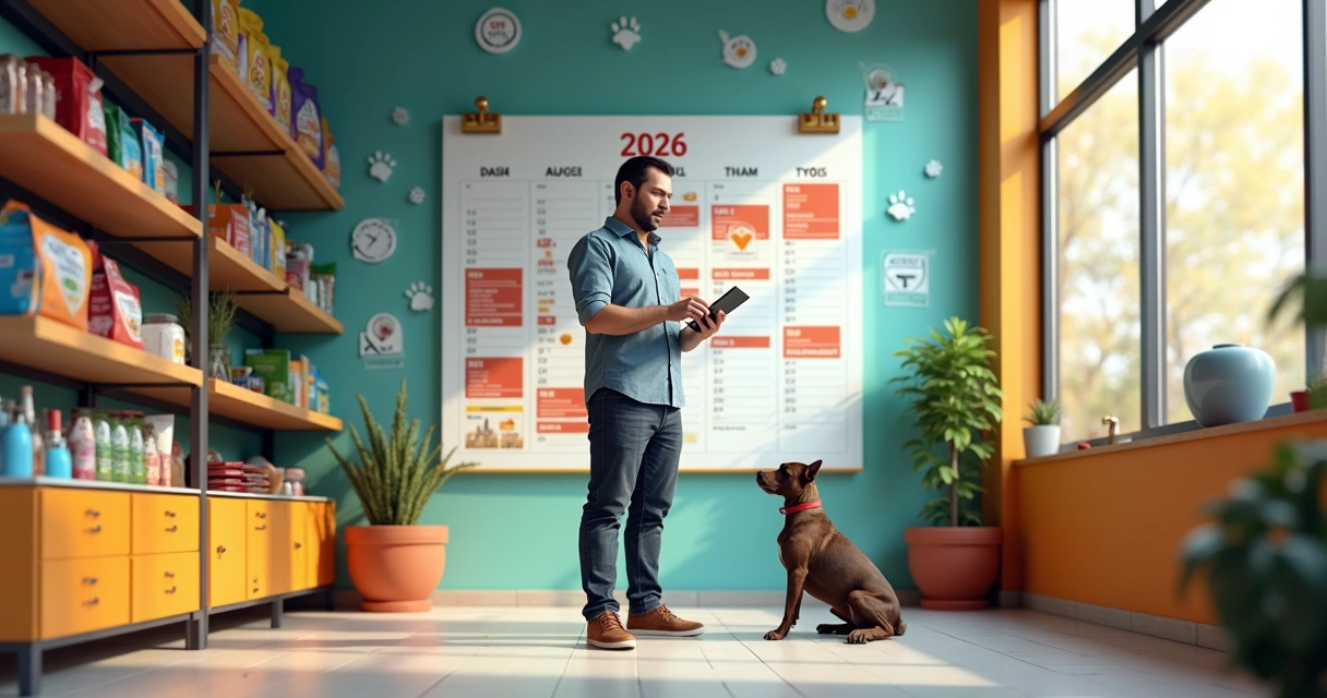 Dono de pet shop analisando calendário gigante com destaque para prazo tributário
