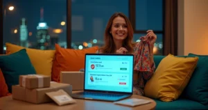 Consumidora brasileira feliz comparando valor de compra internacional com e sem imposto na tela do notebook