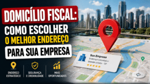 Empreendedora analisando opções de endereços fiscais em maquete urbana sobre a mesa