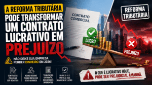 Empresário analisa contrato e nota fiscal com gráficos de impostos ao fundo