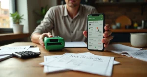 Autônomo brasileiro analisando recibos da maquininha e alerta de imposto de renda no celular