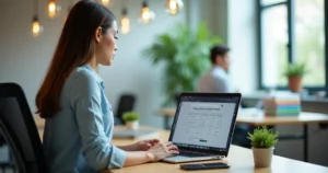 Empreendedora consulta opção pelo Simples Nacional em notebook