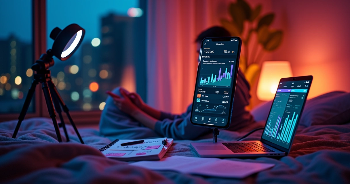 Criador de conteúdo grava vídeos para TikTok com gráficos de ganhos em tela de notebook
