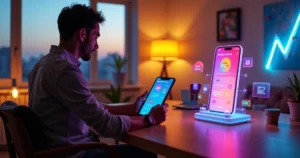 Criador de conteúdo analisando gráfico tributário ao lado de tela com Instagram aberto