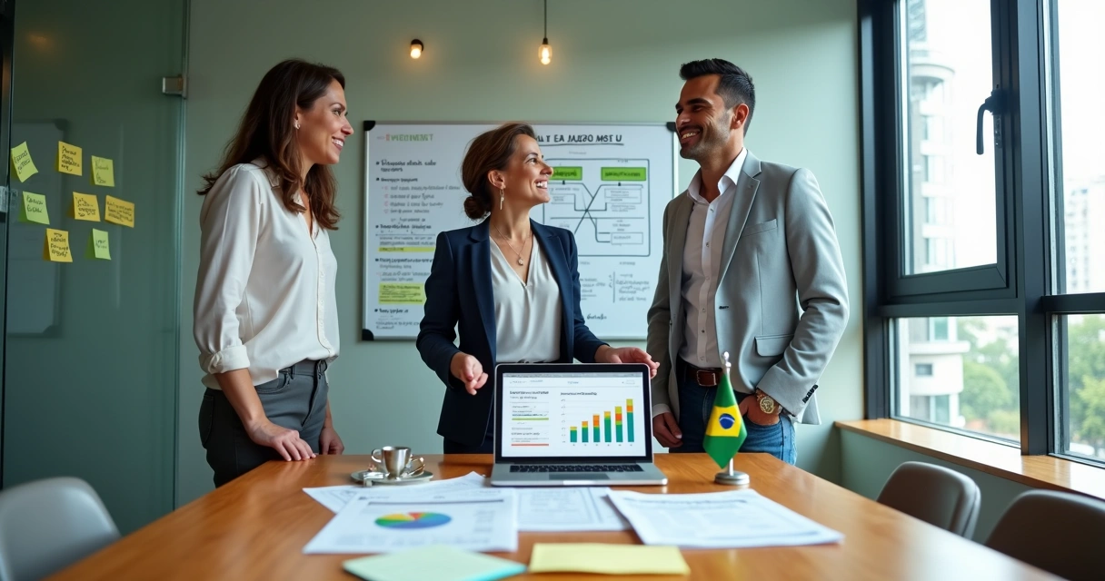 Trio de empreendedores brasileiros planejando abertura de microempresa em mesa com gráfico de crescimento