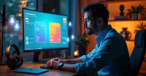 Infoprodutor brasileiro em estúdio digital analisando tributos em tela holográfica