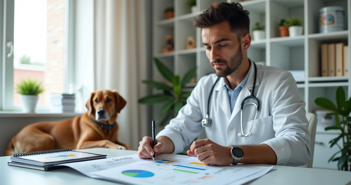 Médico veterinário PJ comparando regimes tributários em mesa de consultório