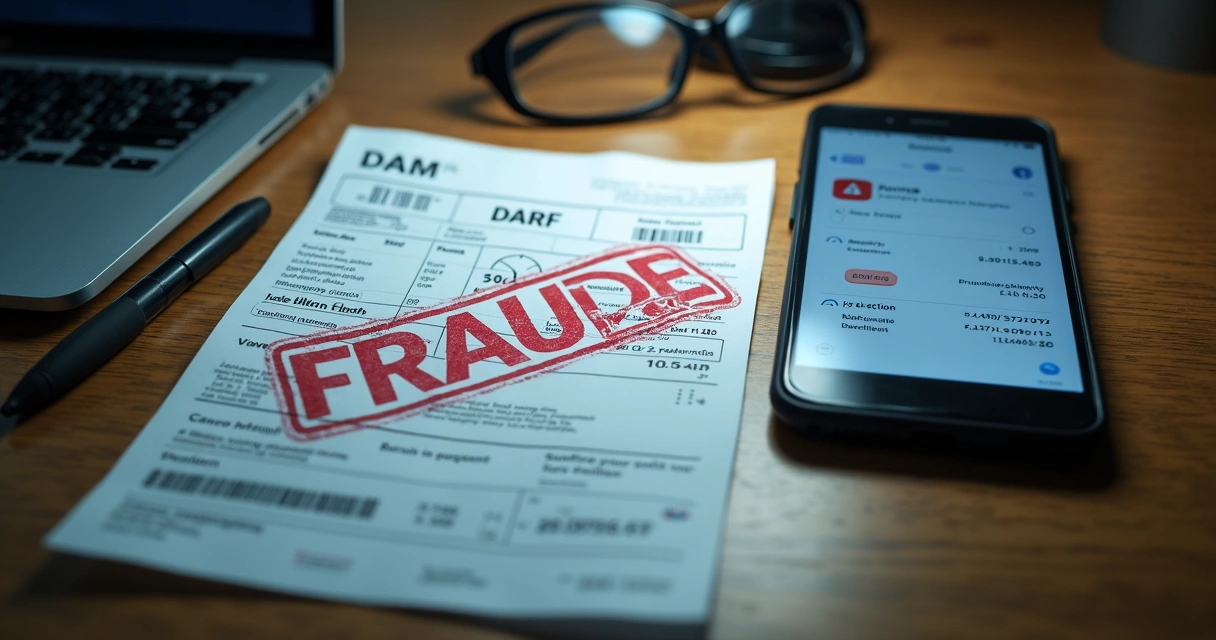 DARF falso destacado com alerta de fraude em mesa de escritório