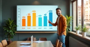 Empreendedor MEI brasileiro sorrindo ao lado de gráfico crescente de faturamento até 2028