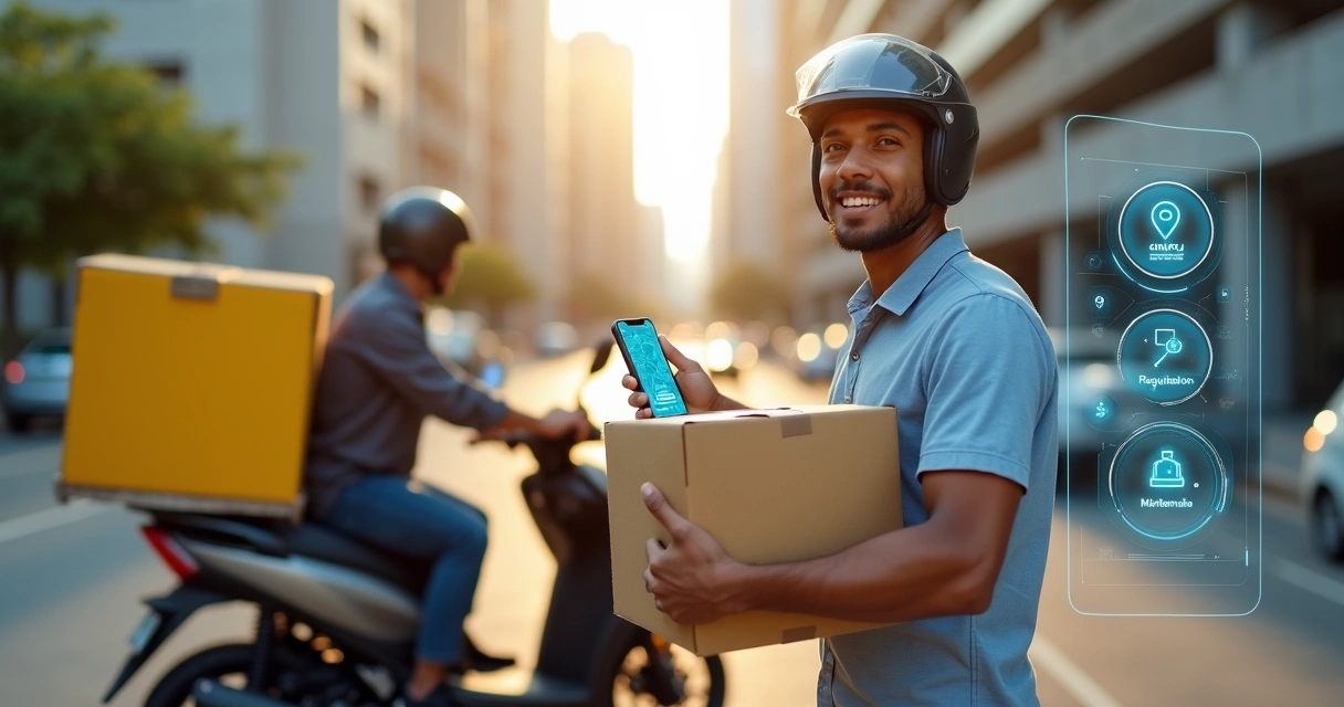 Entregador brasileiro com caixa nas mãos ao lado de moto e ícones digitais de MEI e CNPJ