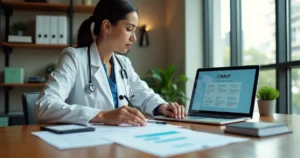 Médica observa documentos de empresa ao lado de notebook com símbolo de CNPJ na tela