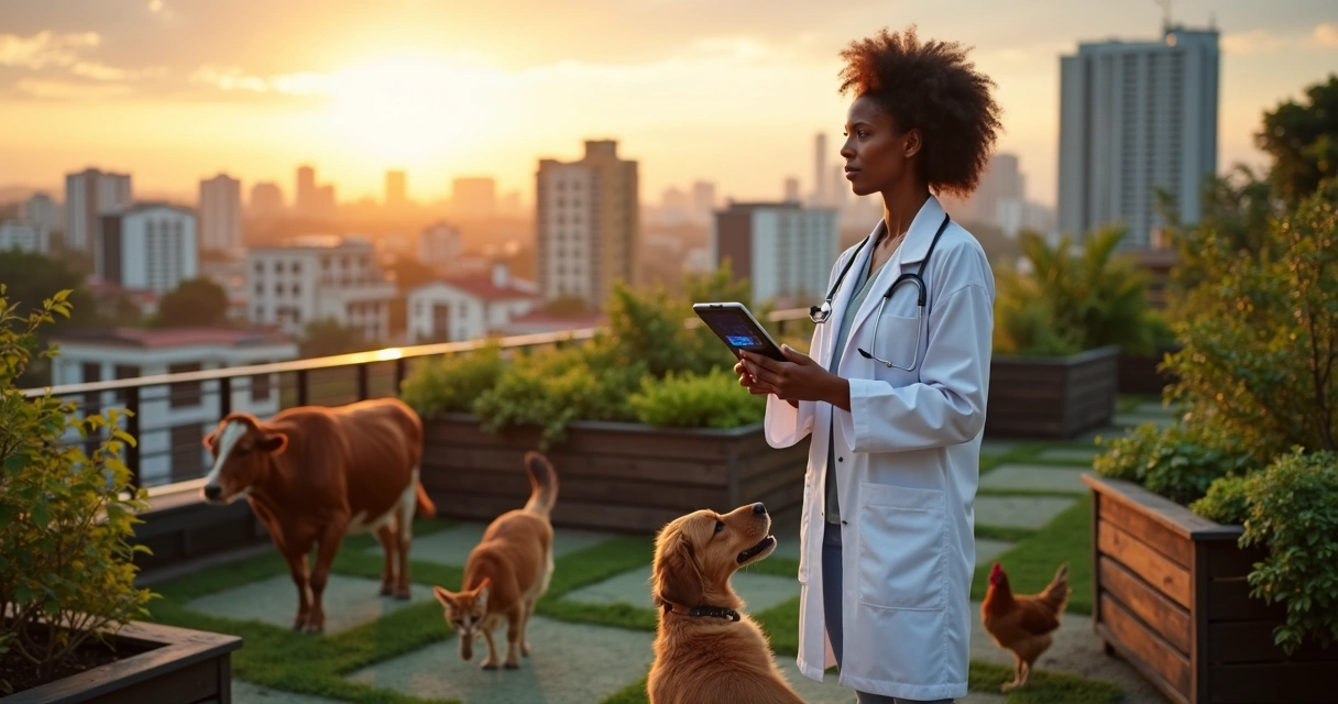 Médico veterinário em espaço urbano com paisagem natural ao fundo