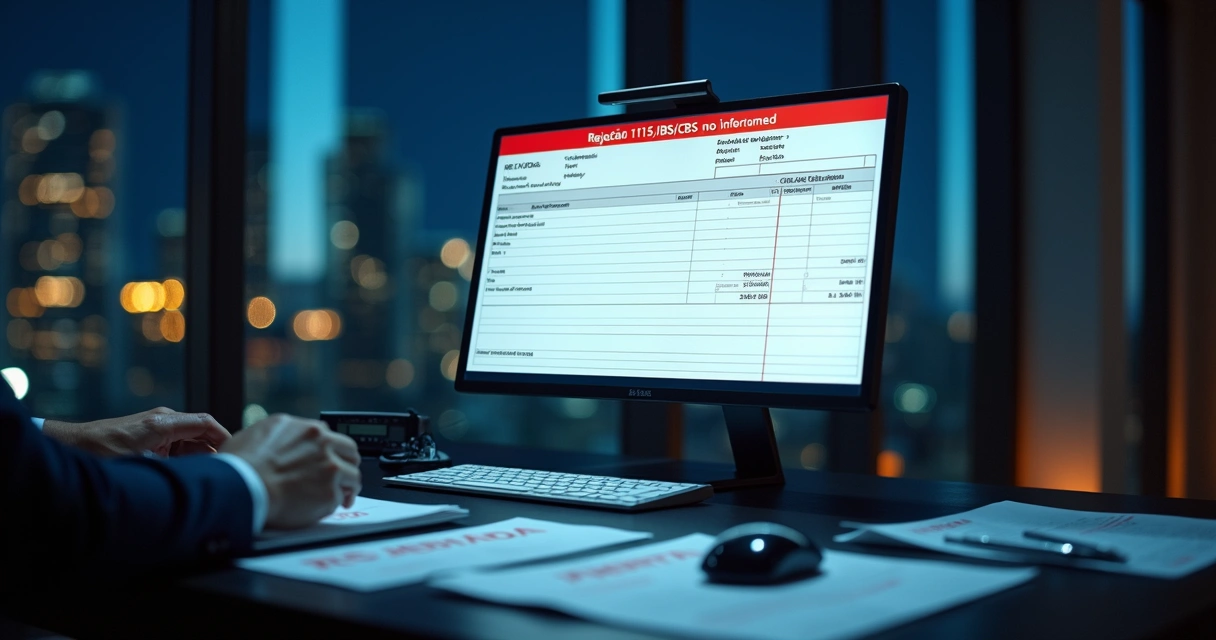 Tela de computador exibindo nota fiscal eletrônica rejeitada com destaque para códigos IBS e CBS em vermelho