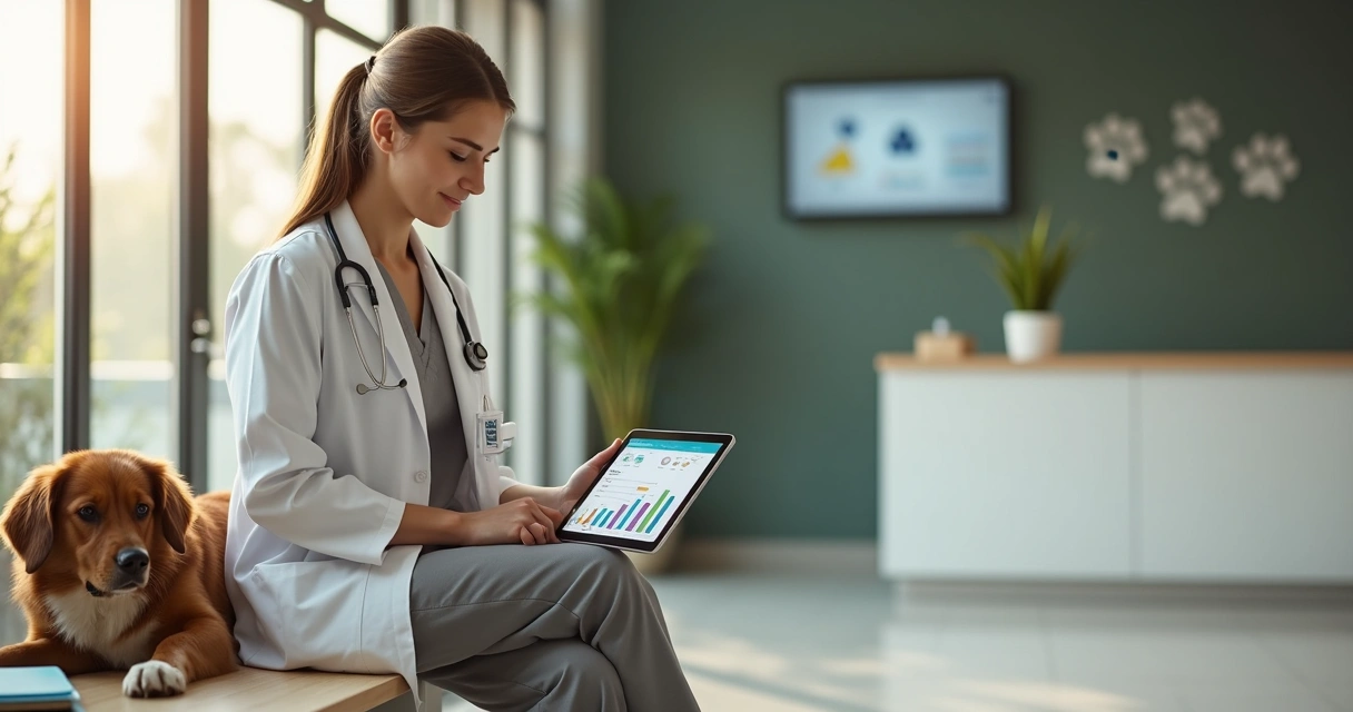 Veterinário avalia tablet com dashboard financeiro ao lado de cachorro em recepção de clínica