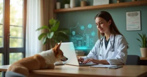 Veterinário atendendo online em home office com símbolos de sede virtual