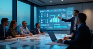 Contador analisa projeções fiscais diante de painel com dados tributários digitais