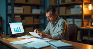 Empresário apreensivo comparando nota fiscal emitida e impostos antes de receber do cliente