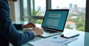 Empresário brasileiro analisando no notebook a consulta de exclusão do Simples Nacional