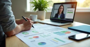 Empresário organiza documentos fiscais coloridos sobre mesa de escritório moderno
