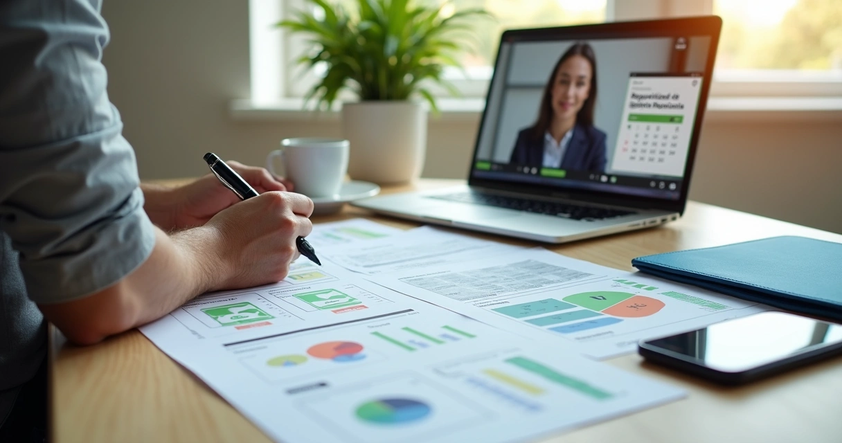 Empresário organiza documentos fiscais coloridos sobre mesa de escritório moderno