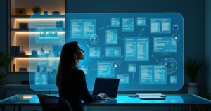 Empresária observa parede digital com notas fiscais destacando cruzamento automático da Receita Federal