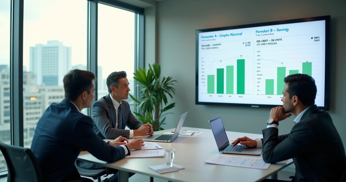 Gestores em reunião comparando dois fornecedores B2B em painel com destaques de créditos IBS e CBS