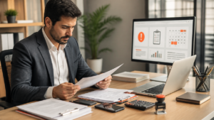 Empreendedor analisando documentos e alertas de regularização do CNPJ em escritório moderno.